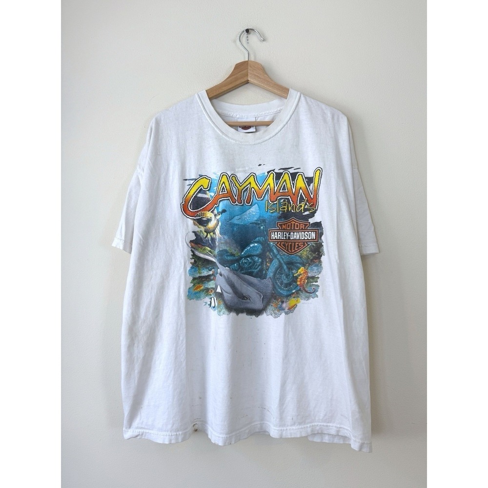 Vintage‎ Harley Davidson Cayman Islands Pirate Beach Ocean White Tee Shirt - XXL